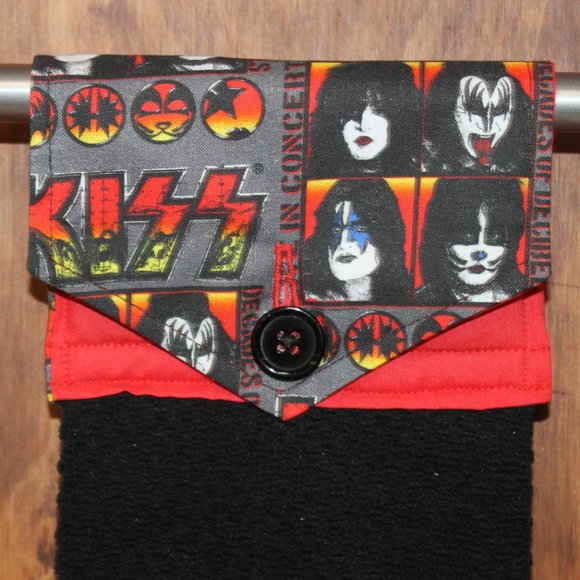 KISS BLACK & RED HANDMADE HANGING KITCHEN TOWEL BLACK TERRYCLOTH COTTON TOWELS - Picture 1 of 4